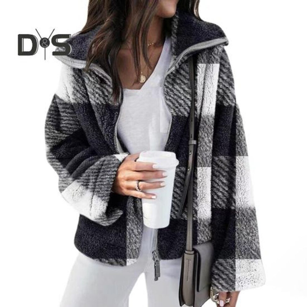 (black gray, XXXL) Women Coat Lapel Long Sleeve Plaid Pattern Jacket Loose Fit Zipper Placket Double-Sided Plush Fabric Jacket Coat