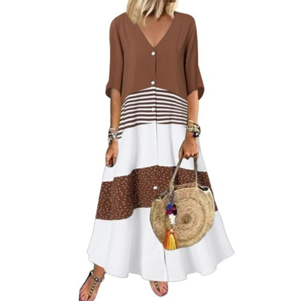 (brown, M) Summer Maxi Dress Contrast Color Maxi Dress Striped Single-breasted A-line Big Swing