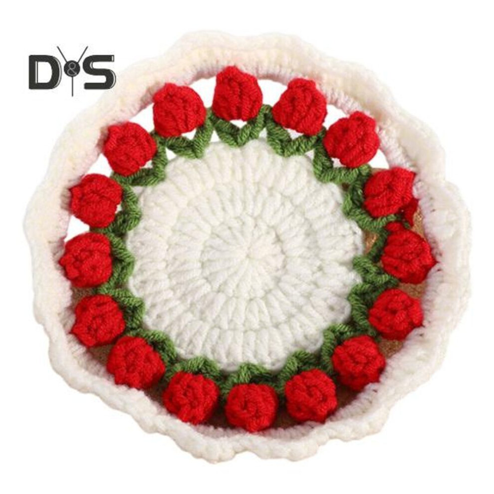 (red) Crochet Tulip Coaster Handmade Flower Pads for Coffee Tea Cups Multi-Purpose Home Bar Decor & Creative Gift for Housewarming Birthdays