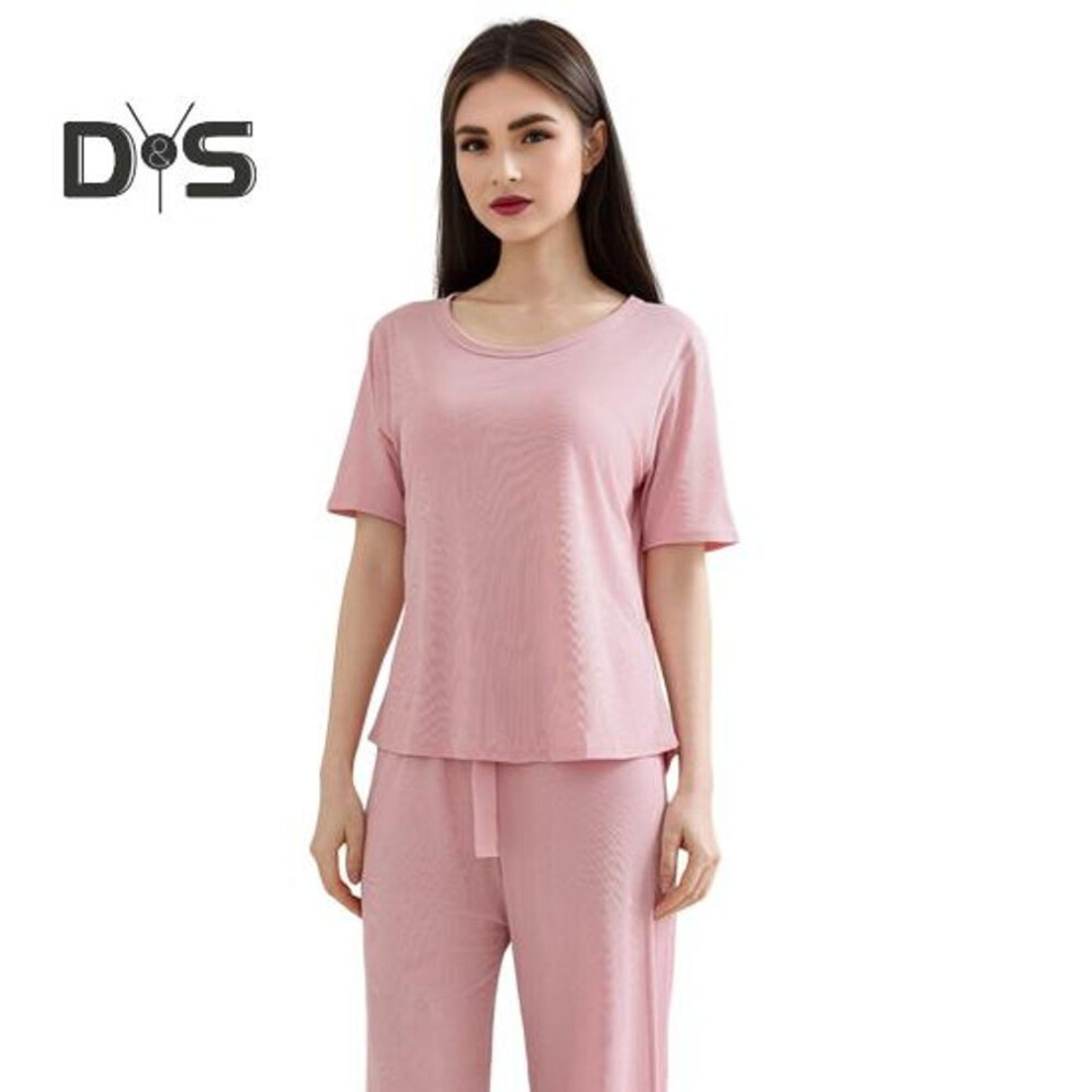 (L, pink) Women's Summer Pajama Set Round Neck Short Sleeve Top And Pants Sleepwear Set Casual Loose Two Piece Lounge Set
