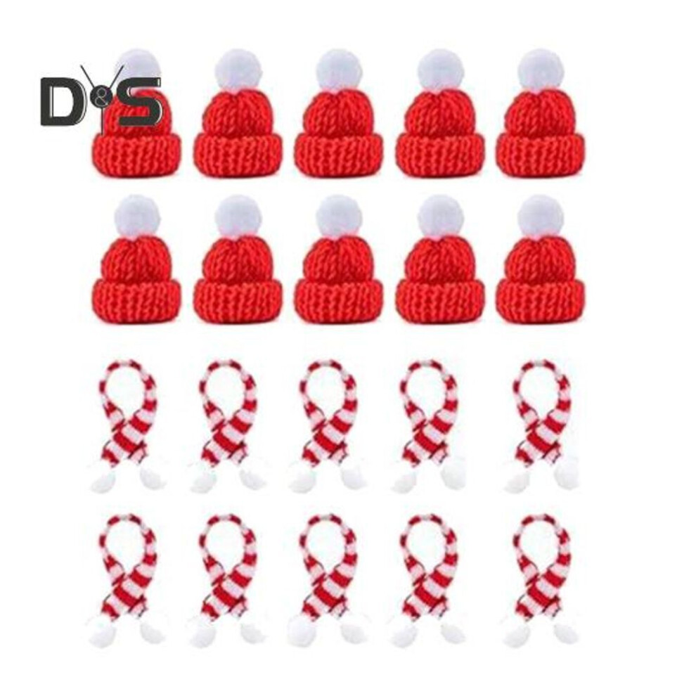 (red) 20 Pcs Mini Santa Hats And Scarf Set Christmas Wine Bottle Decoration Small Knit Doll Hats Scarf Set For Diy Art Craft Xmas Tree Decor