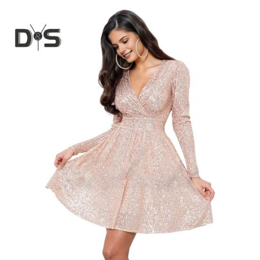 (pink, L) Women's Sparkling Sequin Mini Dress Long Sleeve V-Neck Party Dress Slim Fit Lady Cocktail Dress for Parties Weddings Clubs Proms