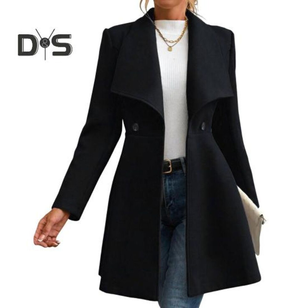 (black, S) Women Mid-Length Overcoat Jacket Windproof Lapel Collar Coat for Ladies Warm Stylish Outerwear for Spring Autumn
