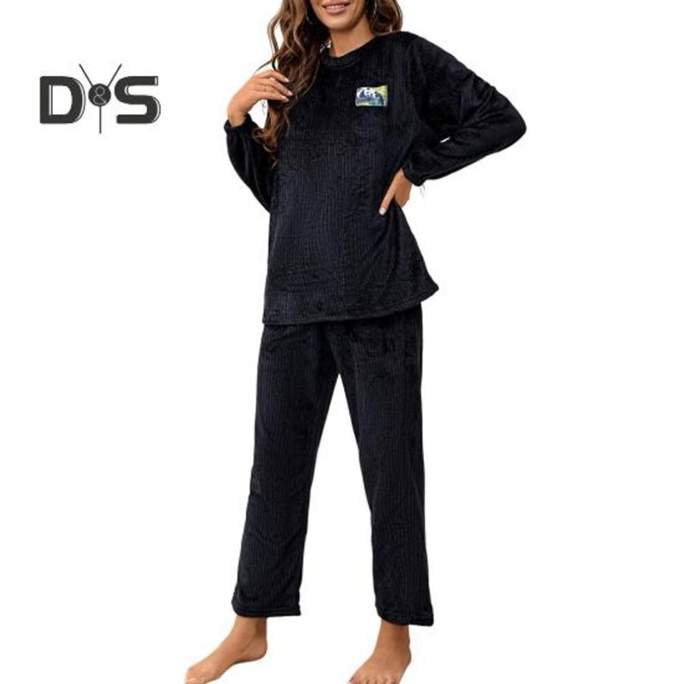 (M, black) 2 Pcs/Set Fall Winter Women Pajamas Suit Round Neck Long Sleeve Flannel Top Thick Loose Elastic Waist Trousers Sleepwear Casual Home Wear Clothes