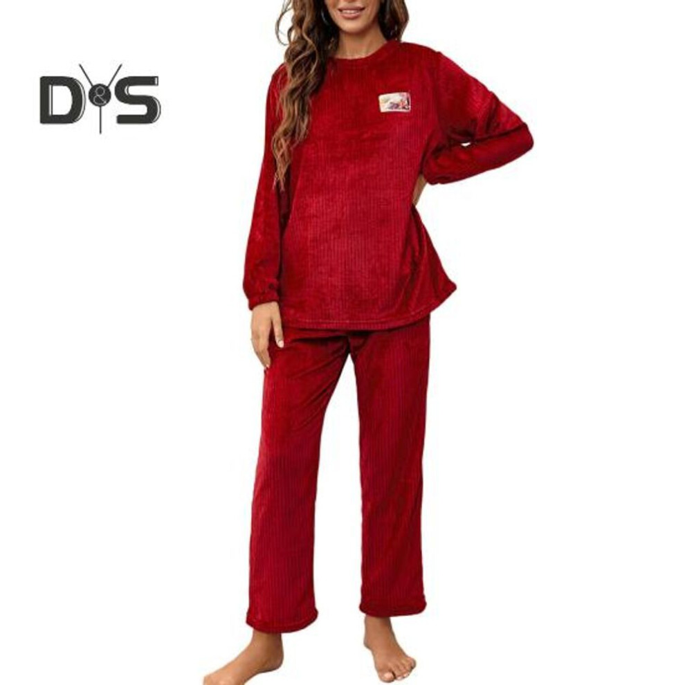 (L, wine red) 2 Pcs/Set Fall Winter Women Pajamas Suit Round Neck Long Sleeve Flannel Top Thick Loose Elastic Waist Trousers Sleepwear Casual Home Wear Clothes