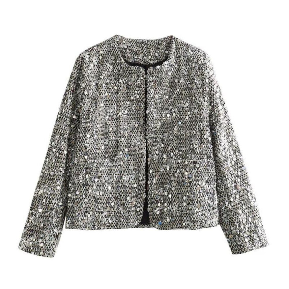 (as the picture, L) Round Neck Sequin Tweed Blazer Women's Embroidered Bead Coat Elegant Office Lady Long Sleeved Jacket New Fashion Spring And Autumn