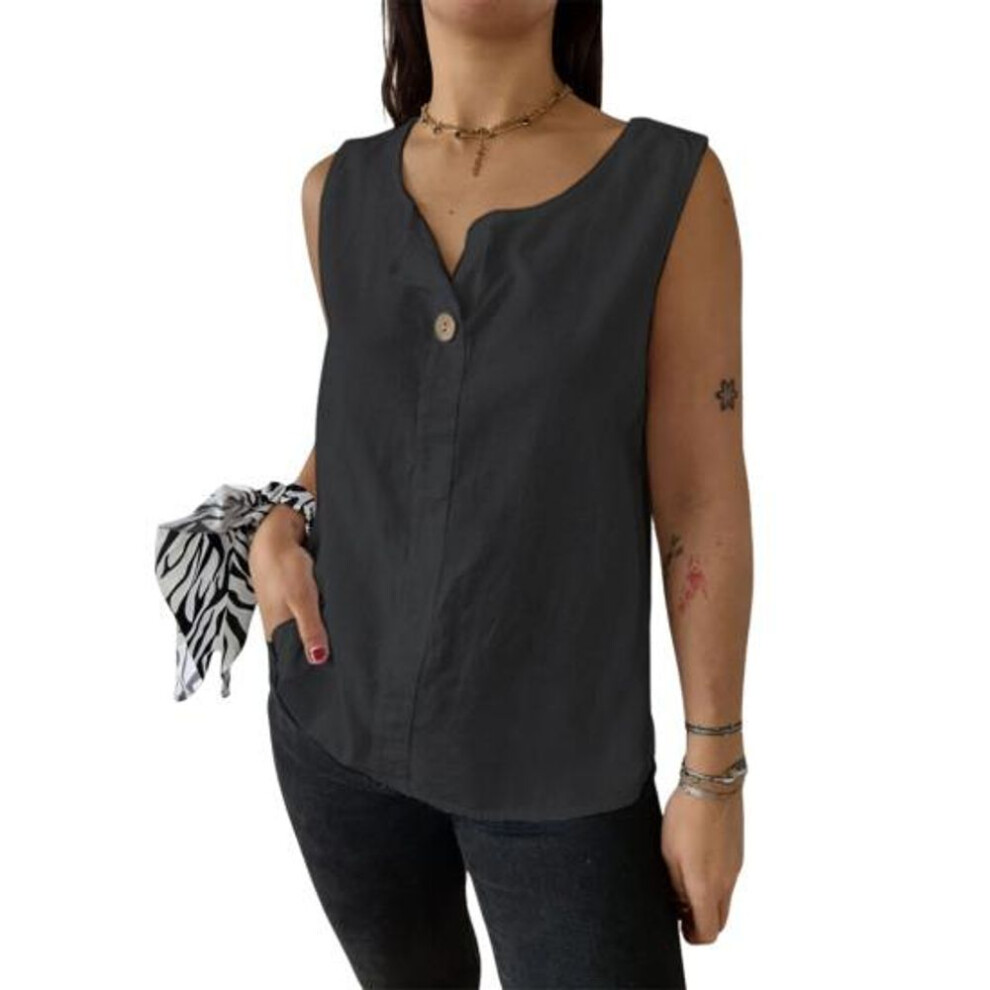 (M, black) Women Vest Sleeveless Button Decoration Casual Tank Tops Solid Color Cotton Linen Lightweight Breathable Tops