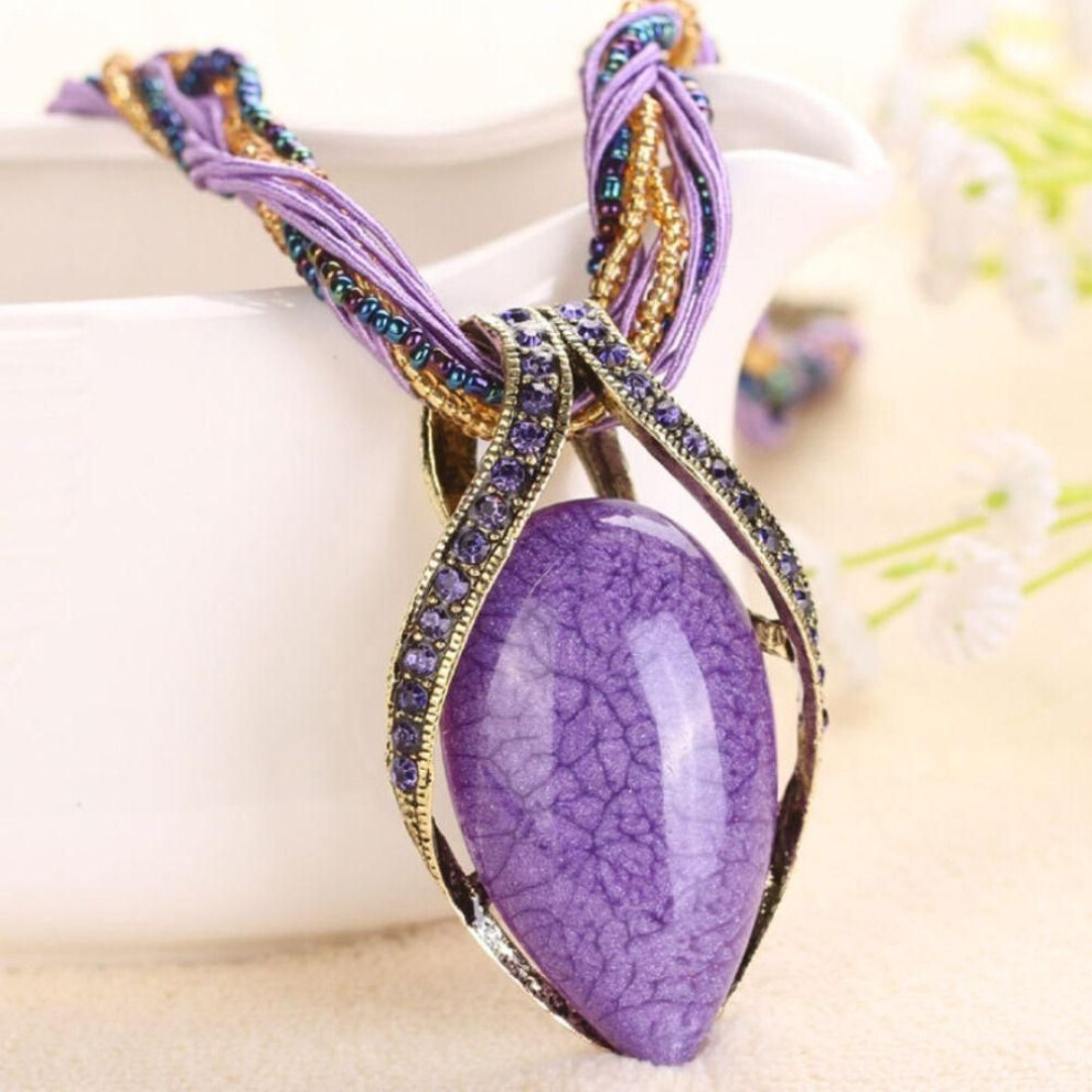 (Purple-Oval) Accessories Women Necklace Waterdrop Pendant Necklace Acrylic Bead Necklace Peacock Gem Necklace