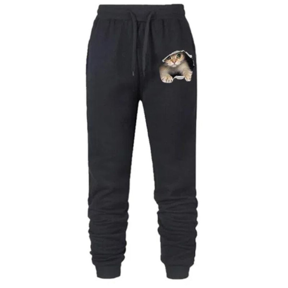 (black, S) New Cute Cat Printed Sweatpants Women Cotton Long Pants Jogger Trousers Womens Casual Sports Fitness Pants