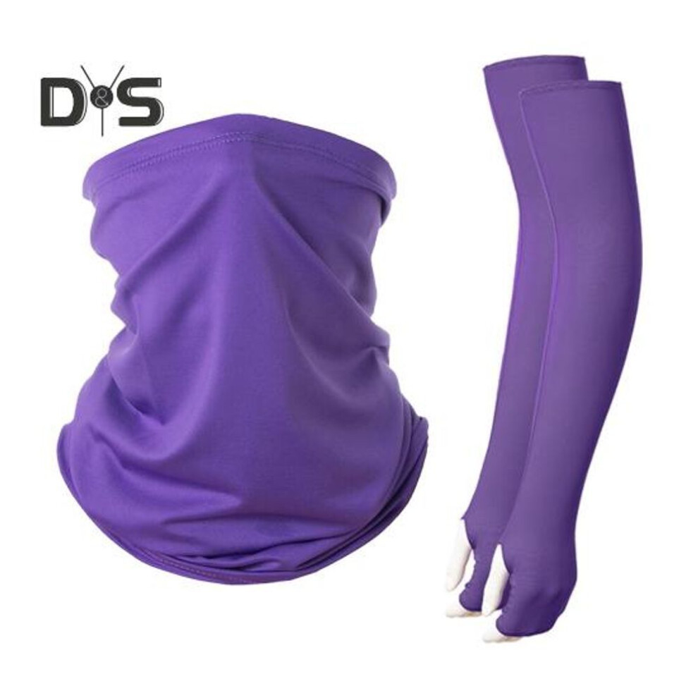 (purple) 2 Pcs/Set Summer Sunscreen Sleeve And Scarf Set Ice Silk Good Breathability Quick-drying Dustproof Face Shield Unisex Cycling Desert Adventure Arm