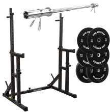 GYM MASTER Adjustable Squat Rack Weight Lifting Set With 6ft Int'l Barbell and Bumper Plates