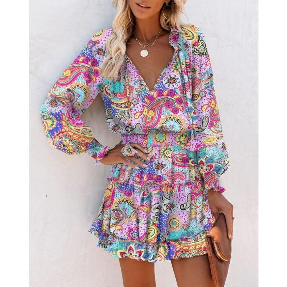 (light purple, M) Women's Spring And Summer Long-sleeved V-neck Fashion Printing Waist Dresses