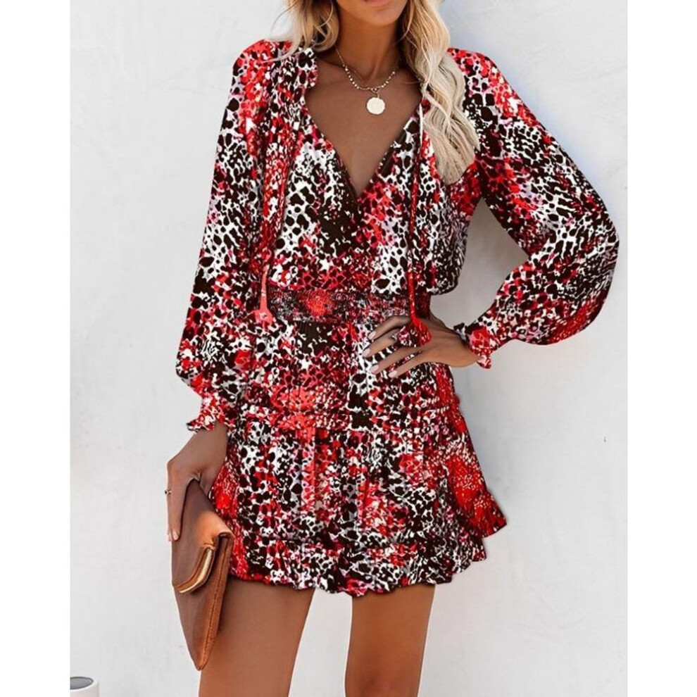 (red, L) Women's Spring and Summer Long-sleeved V-neck Fashion Printing Waist Dresses