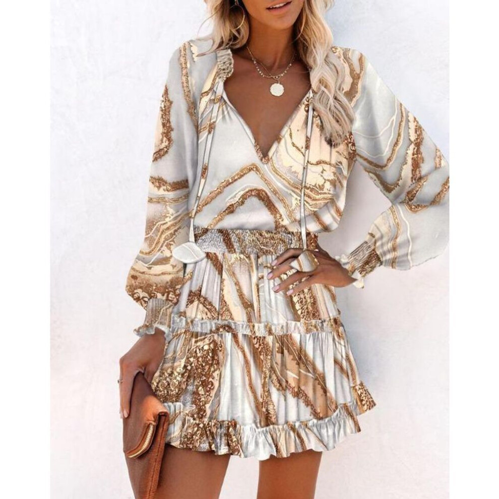 (khaki, L) Women's Spring and Summer Long-sleeved V-neck Fashion Printing Waist Dresses
