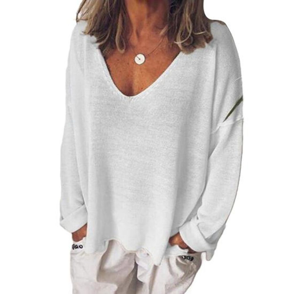 (L, white) Women T-shirt V-Neck Long Sleeve Loose Fit Tee Shirt Solid Color Breathable Casual Pullover Tops Daily Wear