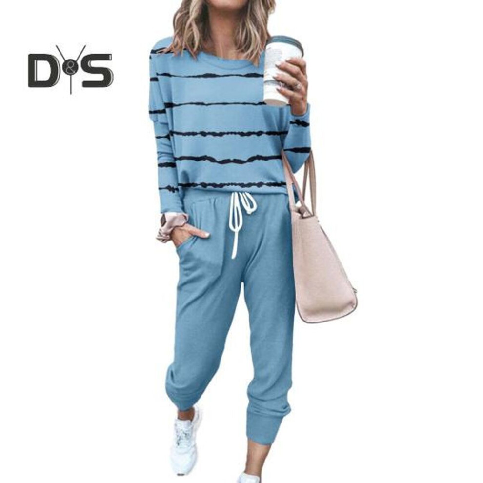 (light blue, XXXXXL) Women's Striped Printed Two Piece Outfit Long Sleeve Sweatsuit Jogger Pants Set with Pockets Casual Workout Athletic Tracksuit