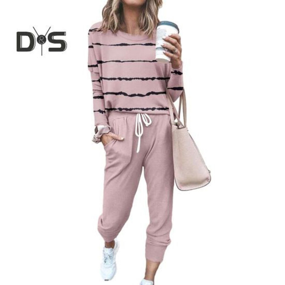 (pink, XXXXXL) Women's Striped Printed Two Piece Outfit Long Sleeve Sweatsuit Jogger Pants Set with Pockets Casual Workout Athletic Tracksuit