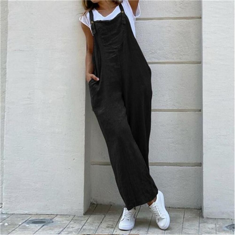 (XL, black) Summer Jumpsuit For Women Solid Color Jumpsuit Casual Long Pant Pockets Button Wide Leg Strap Jumpsuit Loose Rompers Overalls