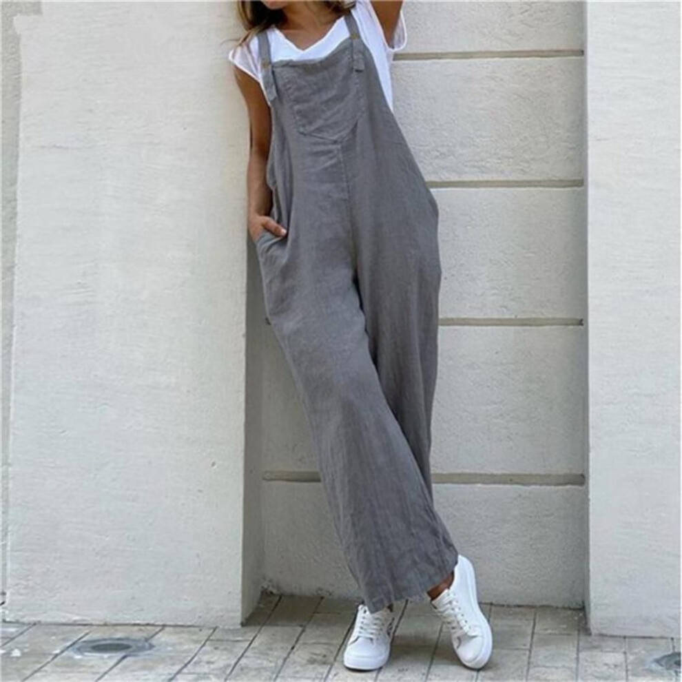 (XL, grey) Summer Jumpsuit For Women Solid Color Jumpsuit Casual Long Pant Pockets Button Wide Leg Strap Jumpsuit Loose Rompers Overalls