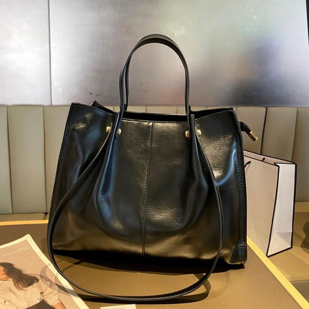 (black) Top Layer Waxed Cowhide Shoulder Handbag Women's All-in-one Autumn/Winter Genuine Leather Underarm Bag Temperament Tote Bag
