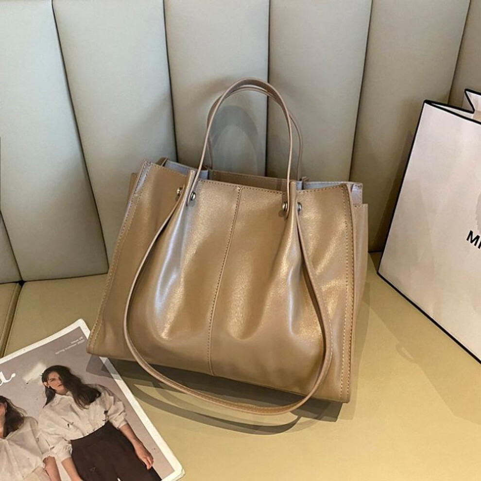 (apricot) Top Layer Waxed Cowhide Shoulder Handbag Women's All-in-one Autumn/winter Genuine Leather Underarm Bag Temperament Tote Bag