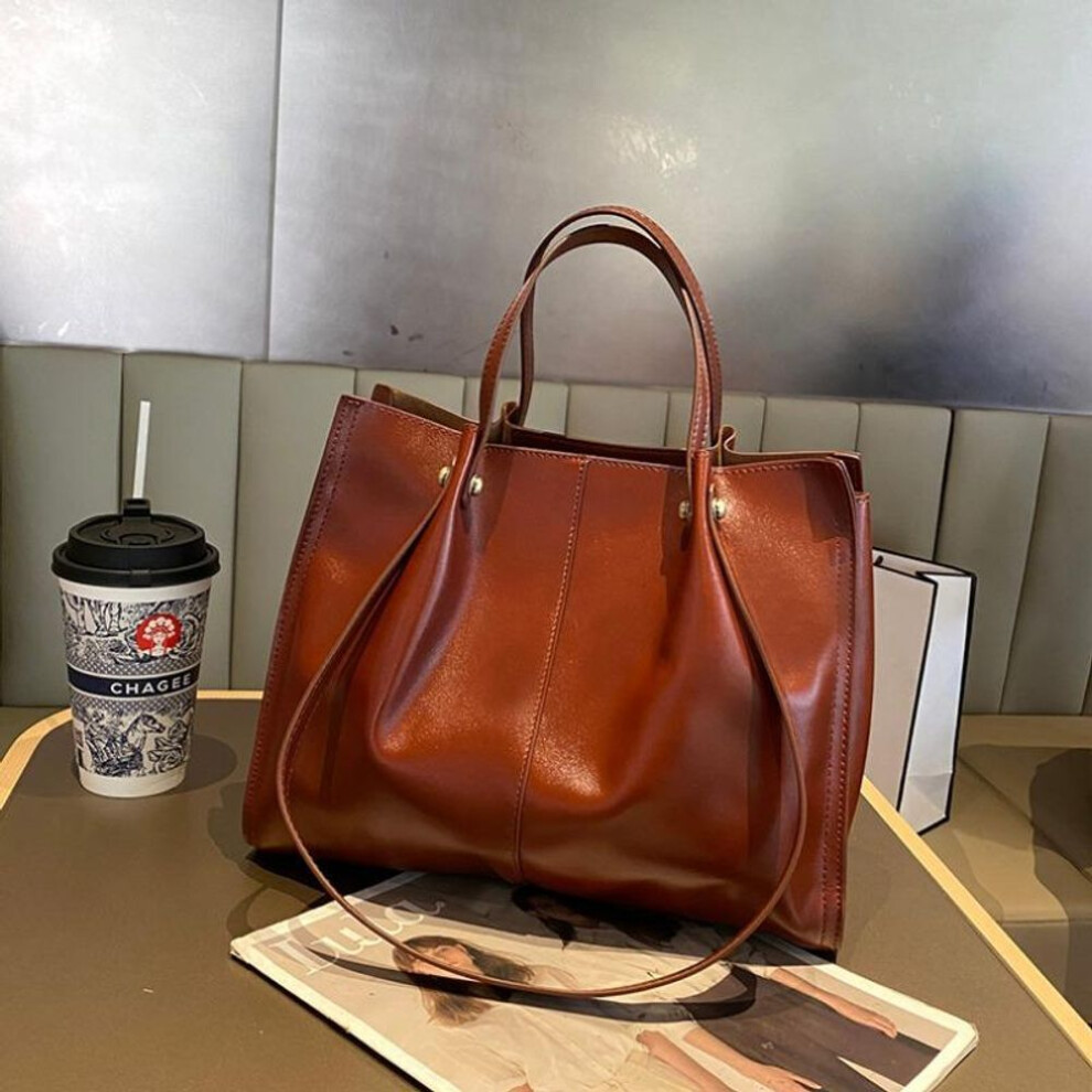 (dark brown) Top Layer Waxed Cowhide Shoulder Handbag Women's All-in-one Autumn/Winter Genuine Leather Underarm Bag Temperament Tote Bag