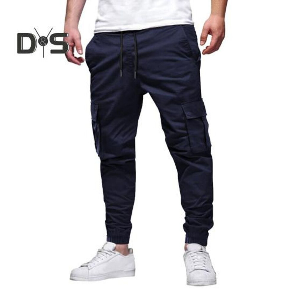 (navy blue, S) Men Cargo Pants Japanese Style with Multi-Pocket Design Drawstring Elastic Waist Ankle-banded Loose Trousers for Hiking Work Travel