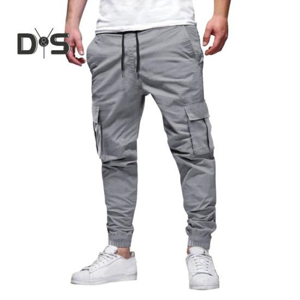 (light grey, M) Men Cargo Pants Japanese Style With Multi-pocket Design Drawstring Elastic Waist Ankle-banded Loose Trousers For Hiking Work Travel