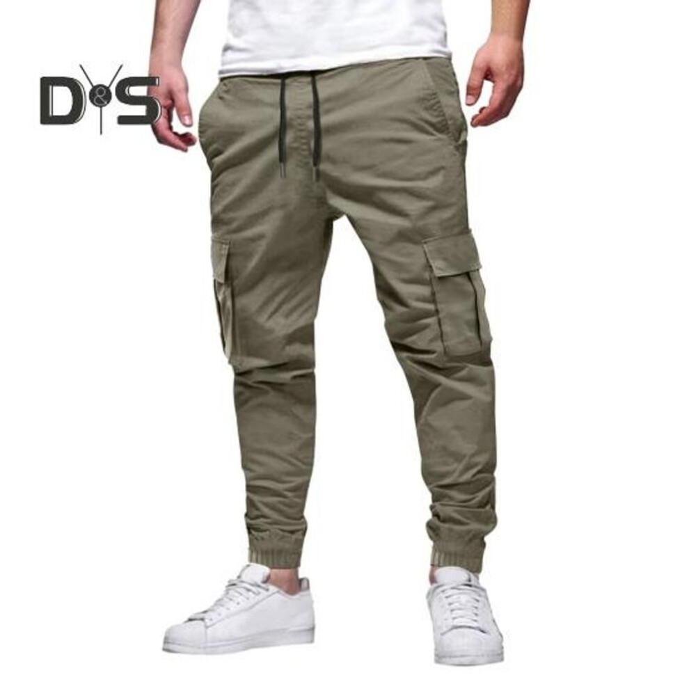 (army green, XXL) Men Cargo Pants Japanese Style with Multi-Pocket Design Drawstring Elastic Waist Ankle-banded Loose Trousers for Hiking Work Travel
