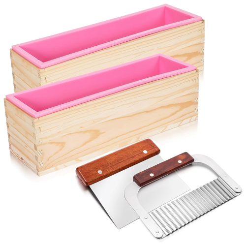 4 Pcs Rectangular Soap Molds Kit with Cutters - 42oz Flexible Silicone Loaf Mold Wooden Box