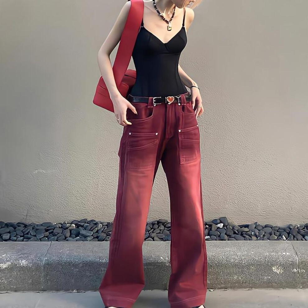 (as the picture, M) Style Vintage Vibe Wine Red Jeans New Autumn Straight Leg Pants Wide Leg Pants Fashion Jeans