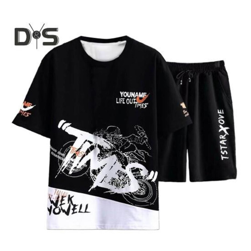 (black, XL) 2pcs/set Men Summer Sportswear Set O-neck Short Sleeve T-shirt Elastic Drawstring Waist Wide Leg Shorts Set Letter Print Casual Outfit