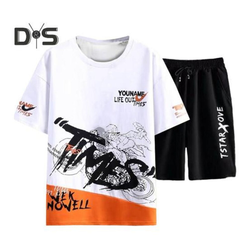 (white, XL) 2pcs/set Men Summer Sportswear Set O-neck Short Sleeve T-shirt Elastic Drawstring Waist Wide Leg Shorts Set Letter Print Casual Outfit