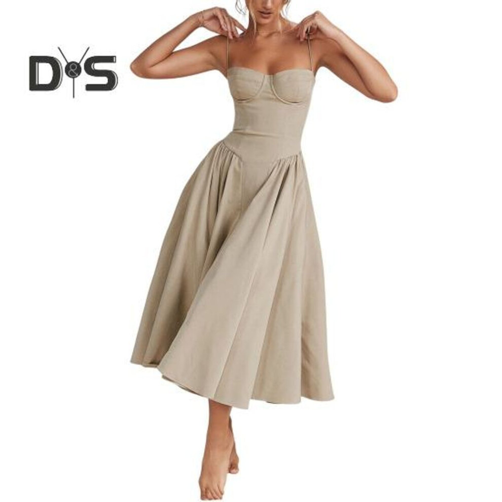 (khaki, S) Women Dress Low-cut Spaghetti Strap Backless Sleevless A-line Big Swing Pure Color Slim Waist Pleated Cocktail Party Prom Midi Dress