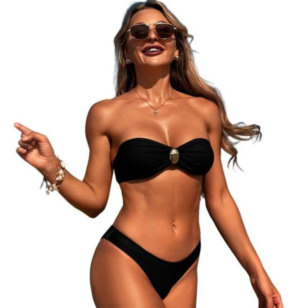 (S, black) 2Pcs/Set Women Swimsuit Set Bandeau Padded No Wire Bra High Waist Swimming Trunks Set Solid Color Split Design Beachwear