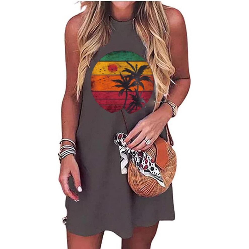 (L, coffee) Coconut Tree Women's Sleeveless Beach Wrap Short Dress - Summer Vacation Mini Dress
