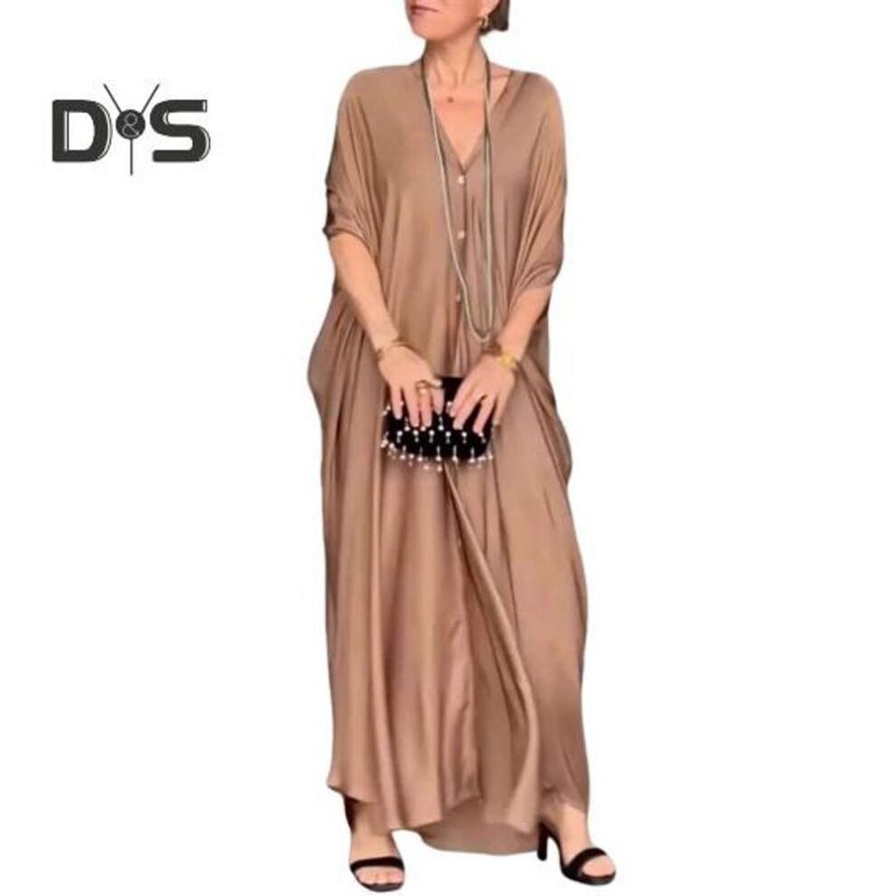 (khaki, XXXL) Women Maxi Dress V-Neck Buttoned Placket Batwing Sleeves Shirt Dress Solid Color Loose Cut Satin Casual Dress