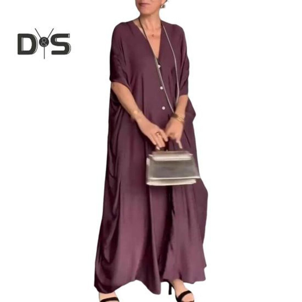(wine red, XL) Women Maxi Dress V-Neck Buttoned Placket Batwing Sleeves Shirt Dress Solid Color Loose Cut Satin Casual Dress