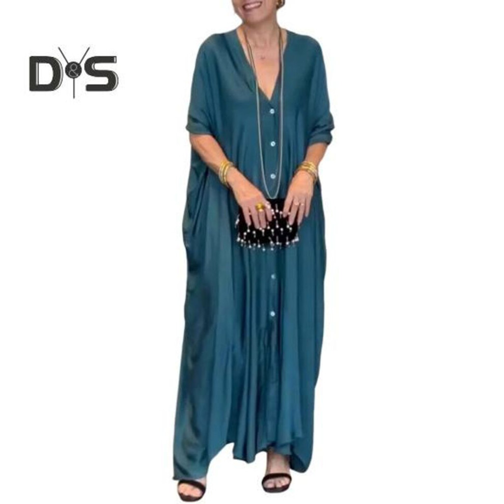(green, XL) Women Maxi Dress V-neck Buttoned Placket Batwing Sleeves Shirt Dress Solid Color Loose Cut Satin Casual Dress
