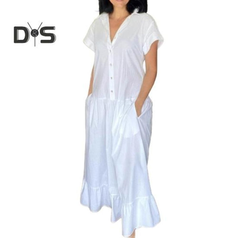 (white, L) Women Summer Dress Lapel Short Sleeves Solid Color Single-breasted Casual Long Dress Prom Party Dress for Daily Wear