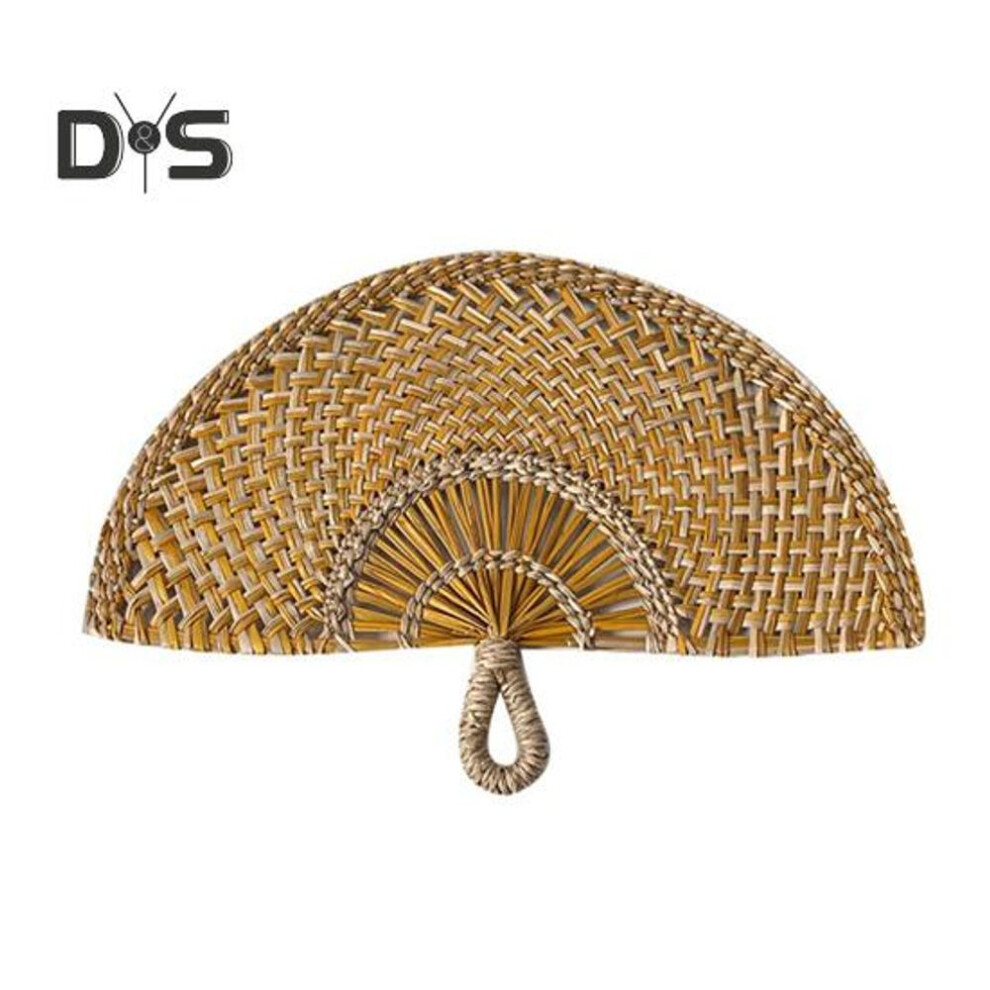 (yellow) Handmade Straw Weaving Fan Natural Sea Grass Raffia Hand Fan Semicircular Woven Palm Leaf Handheld Fan Summer Cooling Fan Wedding Party Decoration