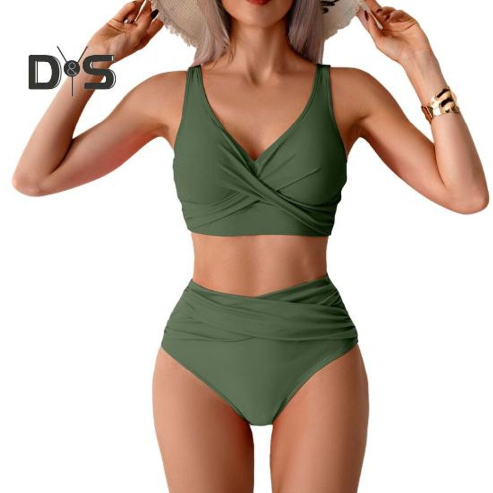 (L, army green) 2Pcs/Set Women Bikini Set Deep V-Neck Padded No Wire Bra High Waist Swimming Trunks Set Solid Color Split Design Beachwear