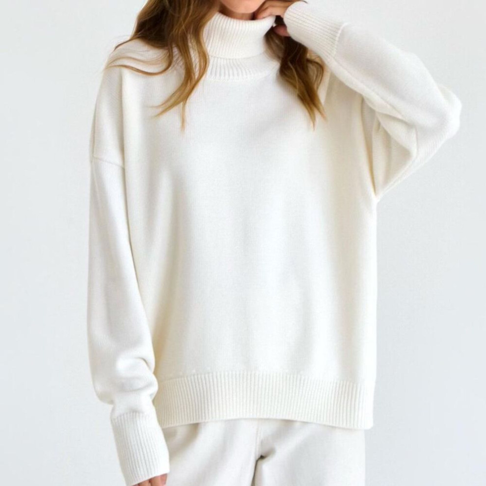 (M, off white) Women's Solid Color Turtleneck Sweater: European & American Classic, Loose-Fit, Versatile, Autumn/Winter Collection.