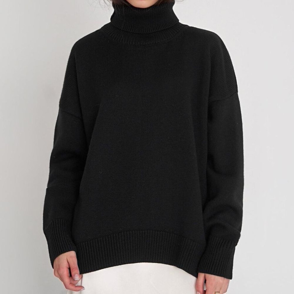 (L, black) Women's Solid Color Turtleneck Sweater: European & American Classic, Loose-Fit, Versatile, Autumn/Winter Collection.