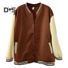 (coffee, S) Women Baseball Coat Color Matching Elastic Cuff Hem Stand Collar Unisex Loose Outwear Single-breasted Retro American Style Streetwear Couple Jacket