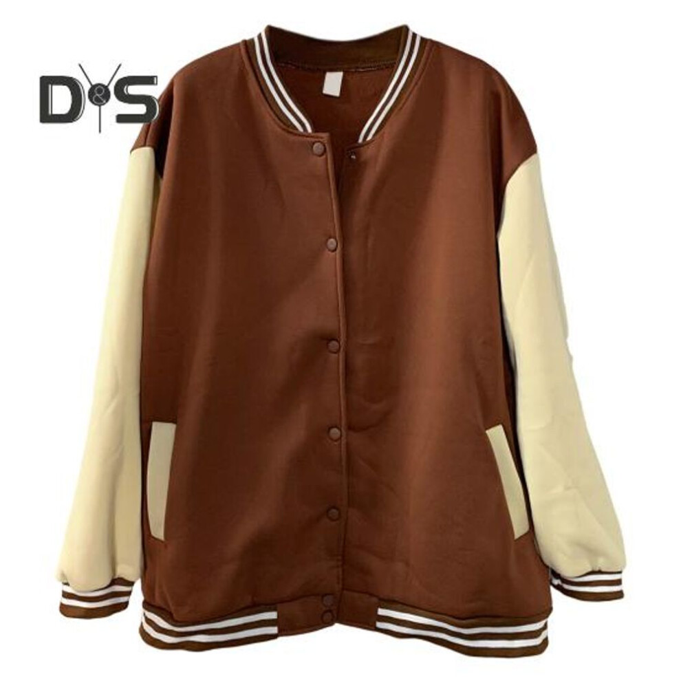 (coffee, S) Women Baseball Coat Color Matching Elastic Cuff Hem Stand Collar Unisex Loose Outwear Single-breasted Retro American Style Streetwear Couple Jacket