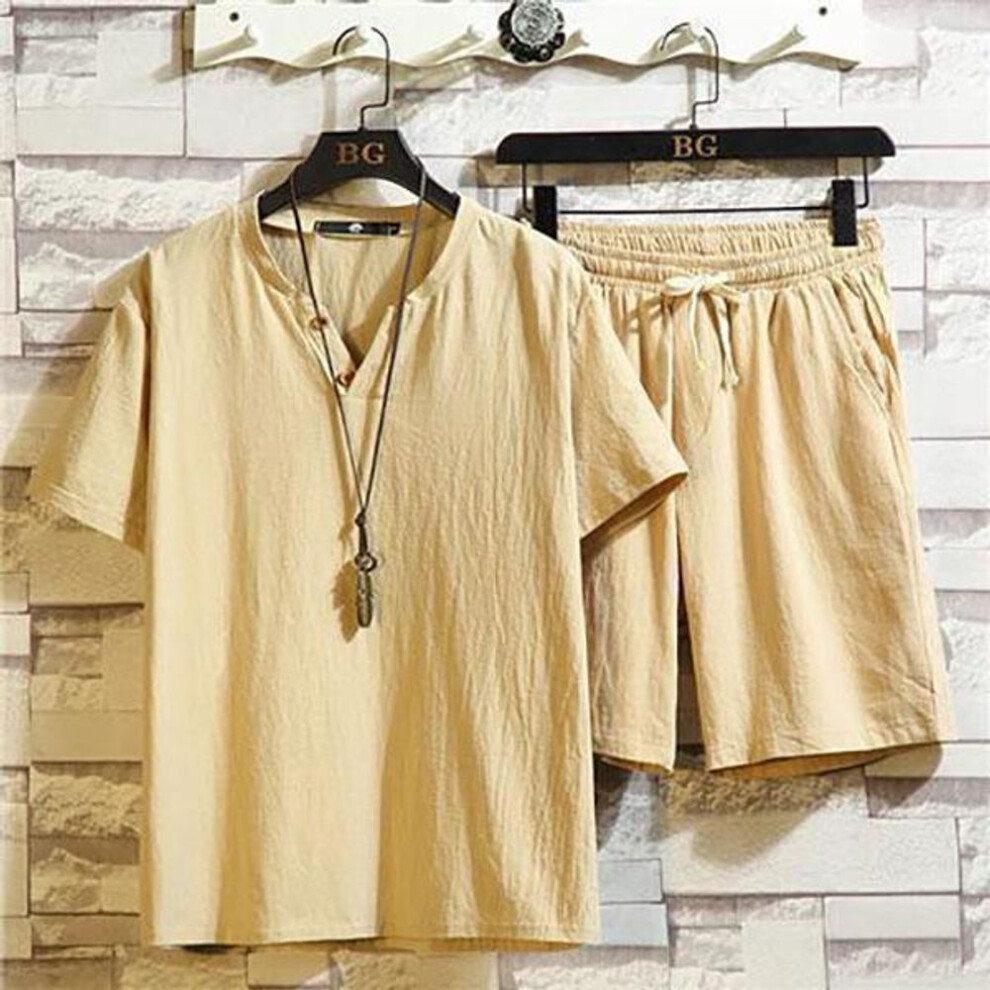 (khaki, XXXXL) Male Large Size Thin Set Cotton Linen Short-sleeved Shorts Suit Men Solid Color Trend Linen Leisure Sports Two-piece Summer