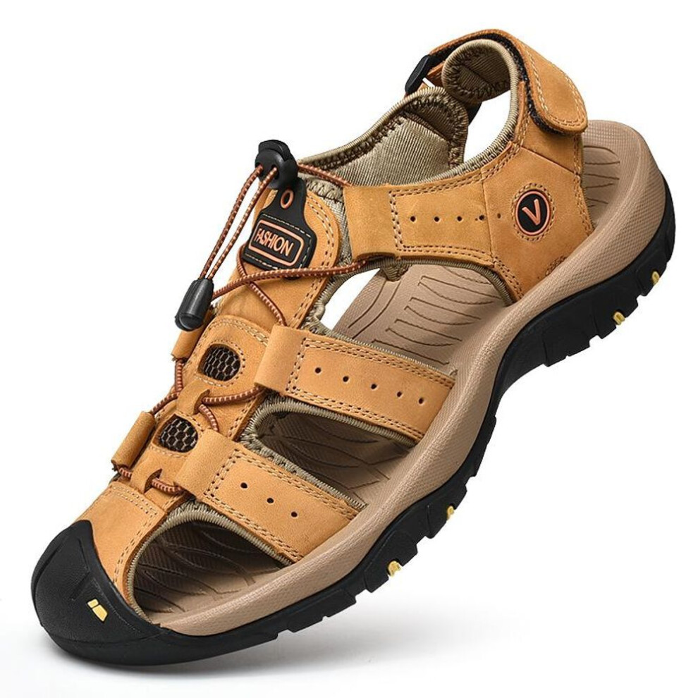 (gold, 38) Men's Sandal Genuine Leather Men Shoes for Summer Large Size Outdoor Walking Shoes Male Sandals Man Slippers Plus Size