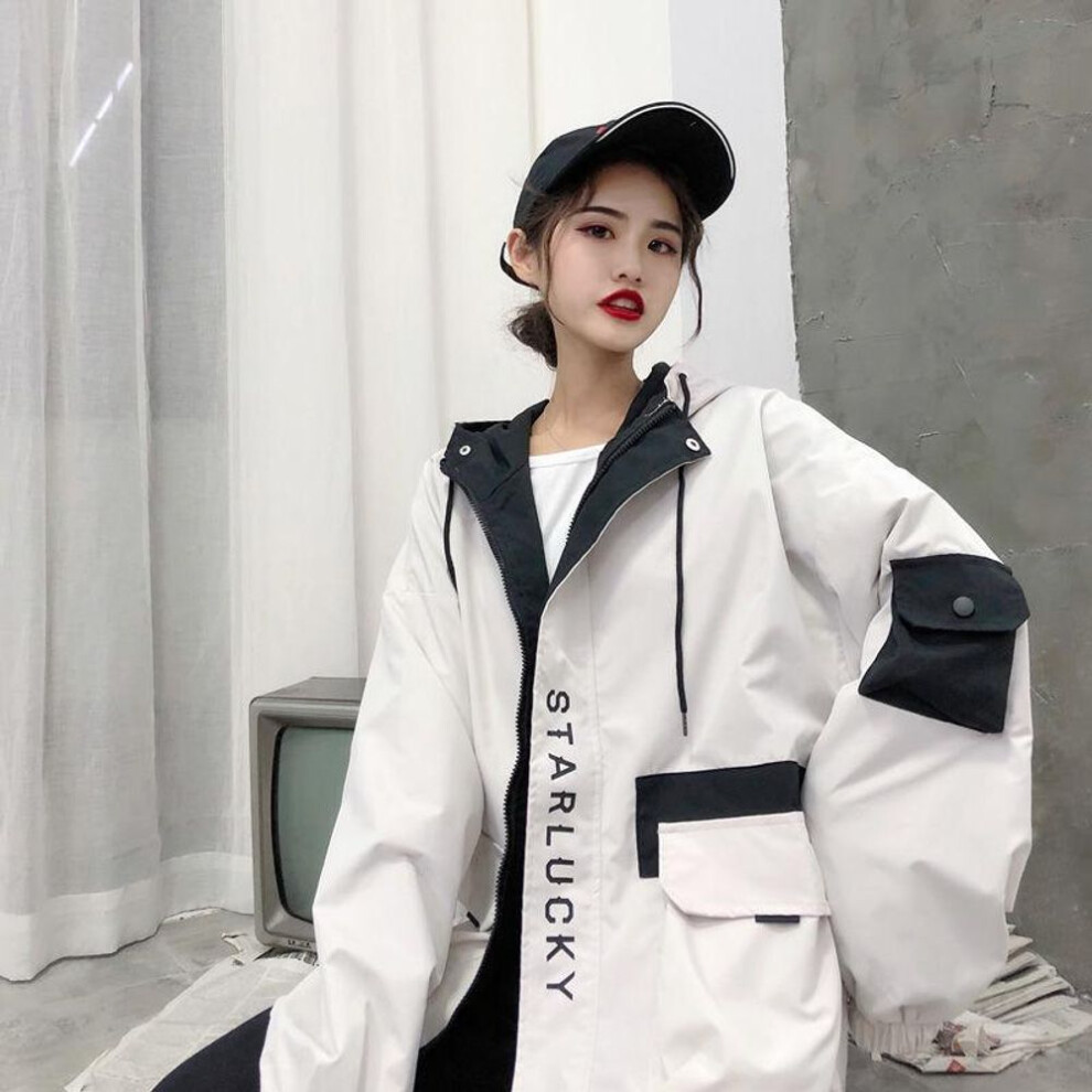 (beige, S) Autumn Cool Black Work Jacket Loose Streetwear Hoodie Women Tops Vintage Patchwork Jacket Femme
