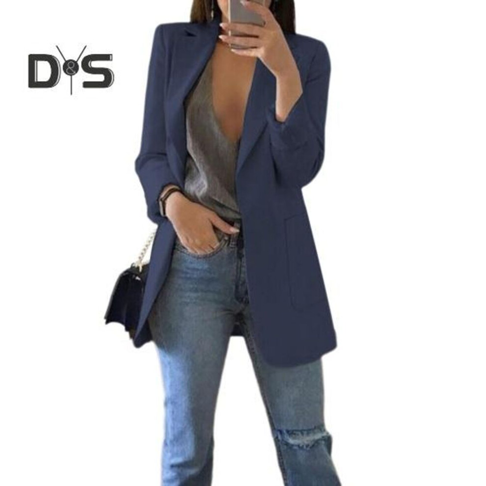 (navy blue, XXXL) Women Suit Coat Lapel Long Sleeve Open Front Suit Jacket Solid Color Big Pockets Commuting Style Casual Business Outwear